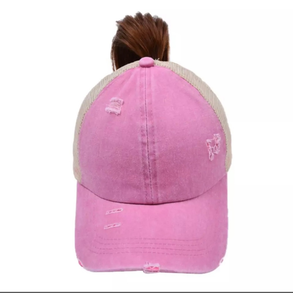NWT “Perfectly Imperfect”Leather Patch Distressed Ponytail Trucker Hat - Picture 8 of 15